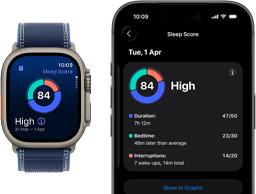Apple Watch Ultra 3, titanium natural case, sleep score screen, breakdown in circle graph, score in centre, band, blue Trail Loop, iPhone sleep score lorem ipsum