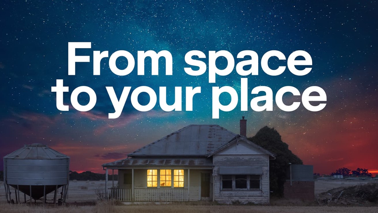An old house on an open field in Rural Australia, with the words 'From space to your place' above the house