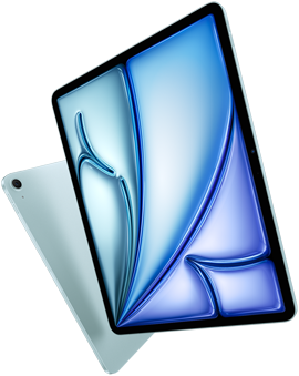 Front angle of 13-inch iPad Air, colourful display on screen, 11-inch iPad Air with back exterior and 12MP Wide back camera
