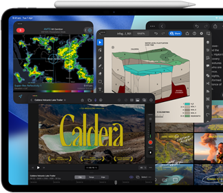 iPad Pro, front exterior, landscape orientation, space black colour, Apple Pencil resting atop device, display showing multiple app windows tiled, including Final Cut Pro with multiple video editing features and timeline, Maps, Notes and various media clips