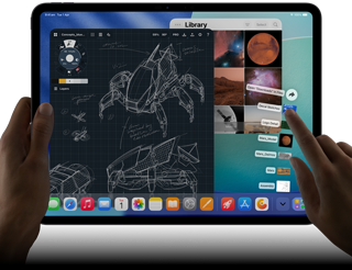 iPad Pro, space black colour, left hand holding device, right hand pointing gesturing to manipulate multiple open app windows, a drawing app with sketches of mechanical designs, photos library of planets and space images, downloads folder files fanned out