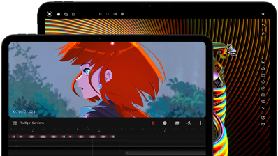 13-inch iPad Pro and 11-inch iPad Pro, front exterior, landscape orientation, space black colour, rounded corners, black display bezel, 11-inch display showing a vibrant image of a character with red hair, 13-inch display showing colourful photo editing interface elements