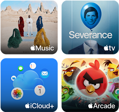 Four icons showing the services of Apple Music, Apple One, Apple Arcade and iCloud+