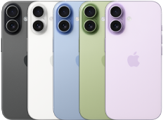 iPhone 17, exterior rear, Fusion dual-camera system, all five colours overlapping: Black, White, Mist Blue, Sage and Lavender