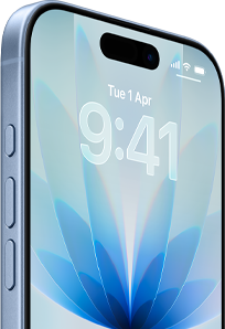 iPhone 17, exterior front, Blue Mist colour, Dynamic Island centred, buttons: action button, volume