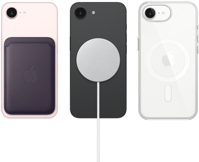 iPhone 17e in soft pink colour with FineWoven Wallet in midnight purple colour, iPhone 17e in black colour and MagSafe Charger, iPhone 17e in white colour with Clear Case with MagSafe