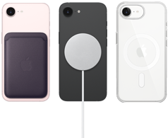 iPhone 17e in soft pink colour with FineWoven Wallet in midnight purple colour, iPhone 17e in black colour and MagSafe Charger, iPhone 17e in white colour with Clear Case with MagSafe