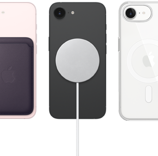 iPhone 17e, back exterior, soft pink colour, FineWoven Wallet with MagSafe attached, iPhone 17e, back exterior, black colour, MagSafe Charger attached, iPhone 17e, back exterior, white colour, Clear Case with MagSafe attached