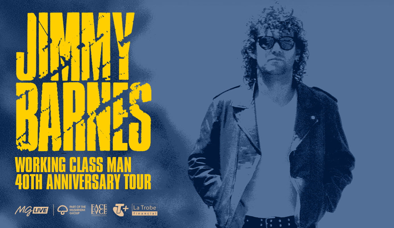 The background is red with a central silhouette of Jimmy Barnes in a leather jacket and jeans. Large yellow text reads 'JIMMY BARNES WORKING CLASS MAN 40TH ANNIVERSARY TOUR' in yellow. Presented by MG LIVE, FACE TO FACE TOURING PART OF THE MUSHROOM GROUP, TELSTRA PLUS, La Trobe financial.