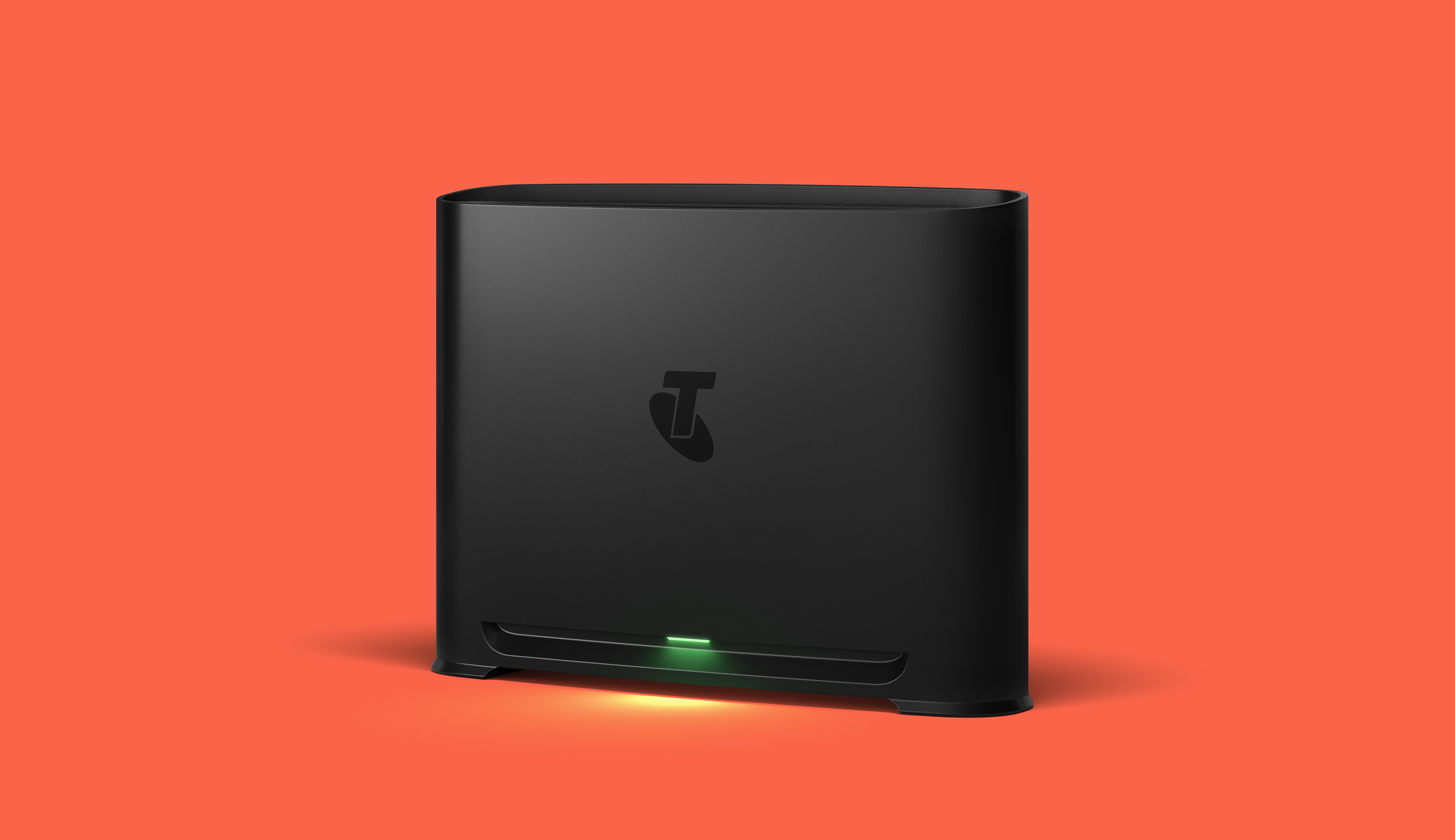 A black Telstra Smart Modem 4 with a green status light, placed on an orange background.