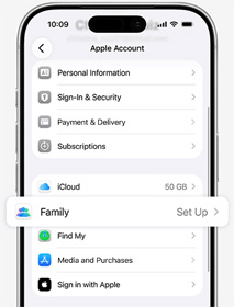 Parent's Apple Account screen with Family Setup highlighted