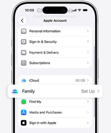 Parent's Apple Account screen with Family Setup highlighted