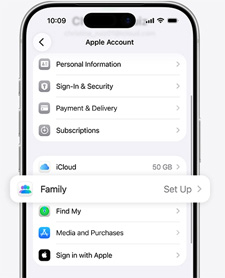 Parent's Apple Account screen with Family Setup highlighted