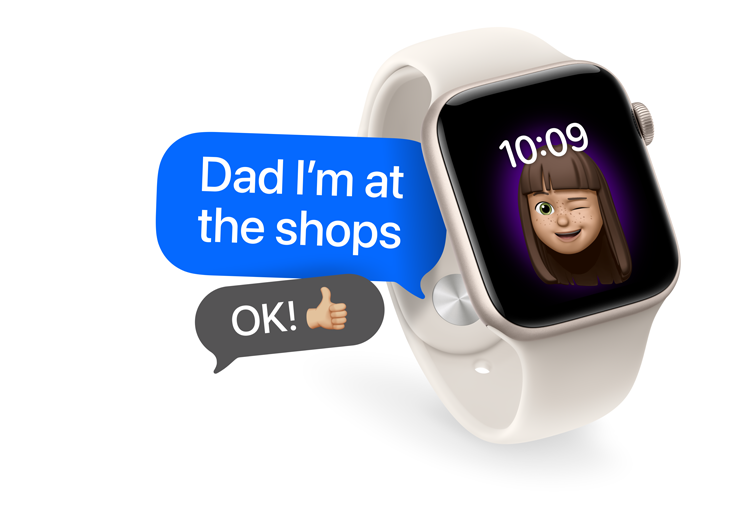 Apple Watch with young girl Memoji showing 'Dad I'm at the shops' message and 'OK!' reply with thumbs-up emoji