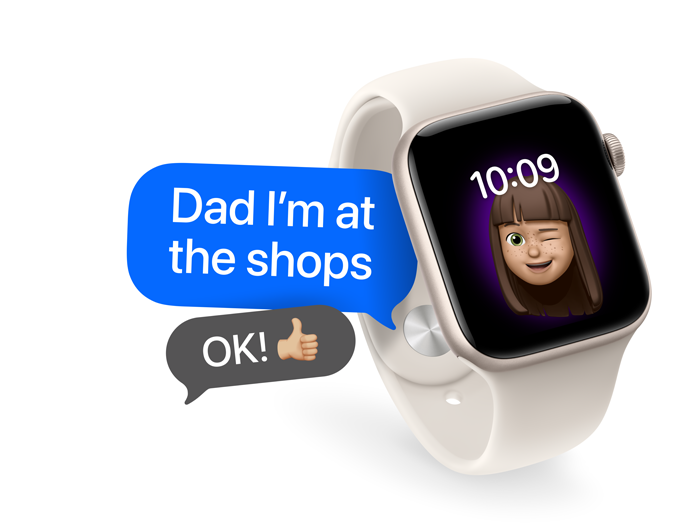 Apple Watch with young girl Memoji showing 'Dad I'm at the shops' message and 'OK!' reply with thumbs-up emoji