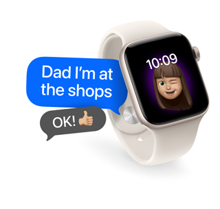 Apple Watch with young girl Memoji showing 'Dad I'm at the shops' message and 'OK!' reply with thumbs-up emoji