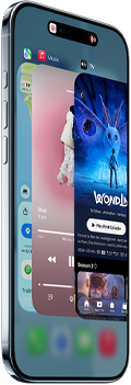iPhone Air, front exterior, side exterior, thin profile, Dynamic Island centred near top, App Switcher feature in use, buttons: Action, volume