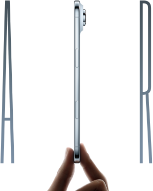 A thumb and forefinger holding iPhone Air, side exterior, Sky Blue colour, very thin profile, Fusion camera system, buttons: side, Camera Control