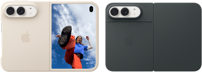 iPhone Duo, Star White colour in Sand Silicone Case, landscape orientation, fully opened horizontally, Dual Fusion cameras on the top left, case covers the back exterior and outer edge of the front display, right side features portrait of person on outer display. iPhone Duo, Star White colour fully opened horizontally, Navy Blue Folio with Kickstand, fully opened horizontally, back exterior featuring the 48MP Dual Fusion rear cameras, two lenses
