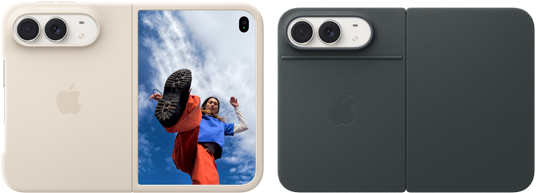 iPhone Duo, Star White colour in Sand Silicone Case, landscape orientation, fully opened horizontally, Dual Fusion cameras on the top left, case covers the back exterior and outer edge of the front display, right side features portrait of person on outer display. iPhone Duo, Star White colour fully opened horizontally, Navy Blue Folio with Kickstand, fully opened horizontally, back exterior featuring the 48MP Dual Fusion rear cameras, two lenses