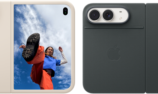 iPhone Duo, Star White colour in Sand Silicone Case, landscape orientation, fully opened horizontally, Dual Fusion cameras on the top left, case covers the back exterior and outer edge of the front display, right side features portrait of person on outer display. iPhone Duo, Star White colour fully opened horizontally, Navy Blue Folio with Kickstand, fully opened horizontally, back exterior featuring the 48MP Dual Fusion rear cameras, two lenses