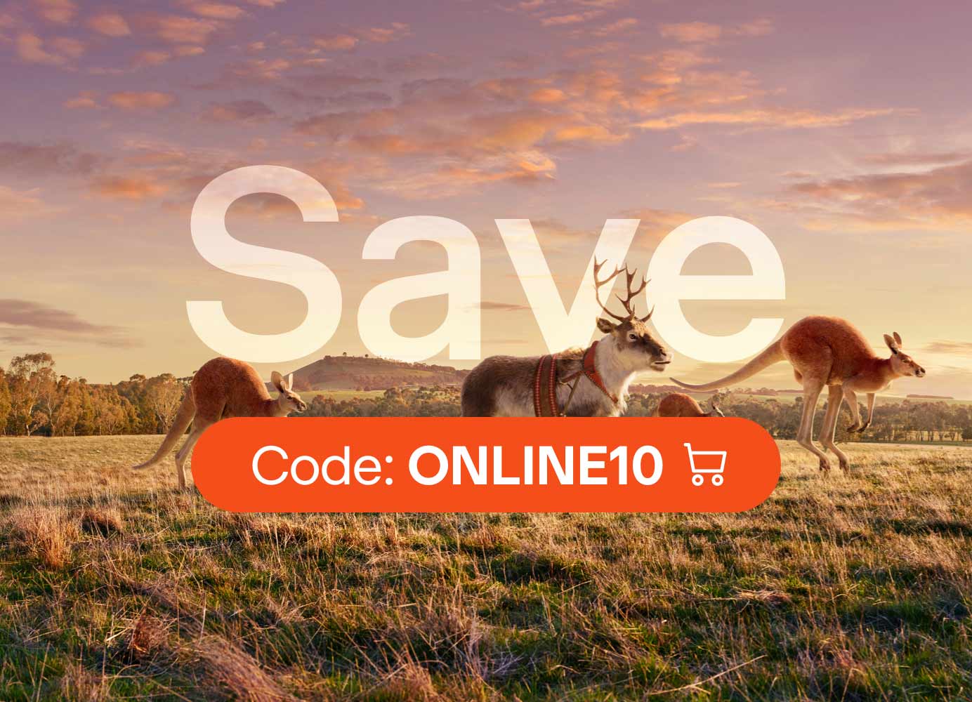 A reindeer and three kangaroos run and hop across an Australian rural landscape. Text on image says: Save. Additional text on image says: Code: Online 10.