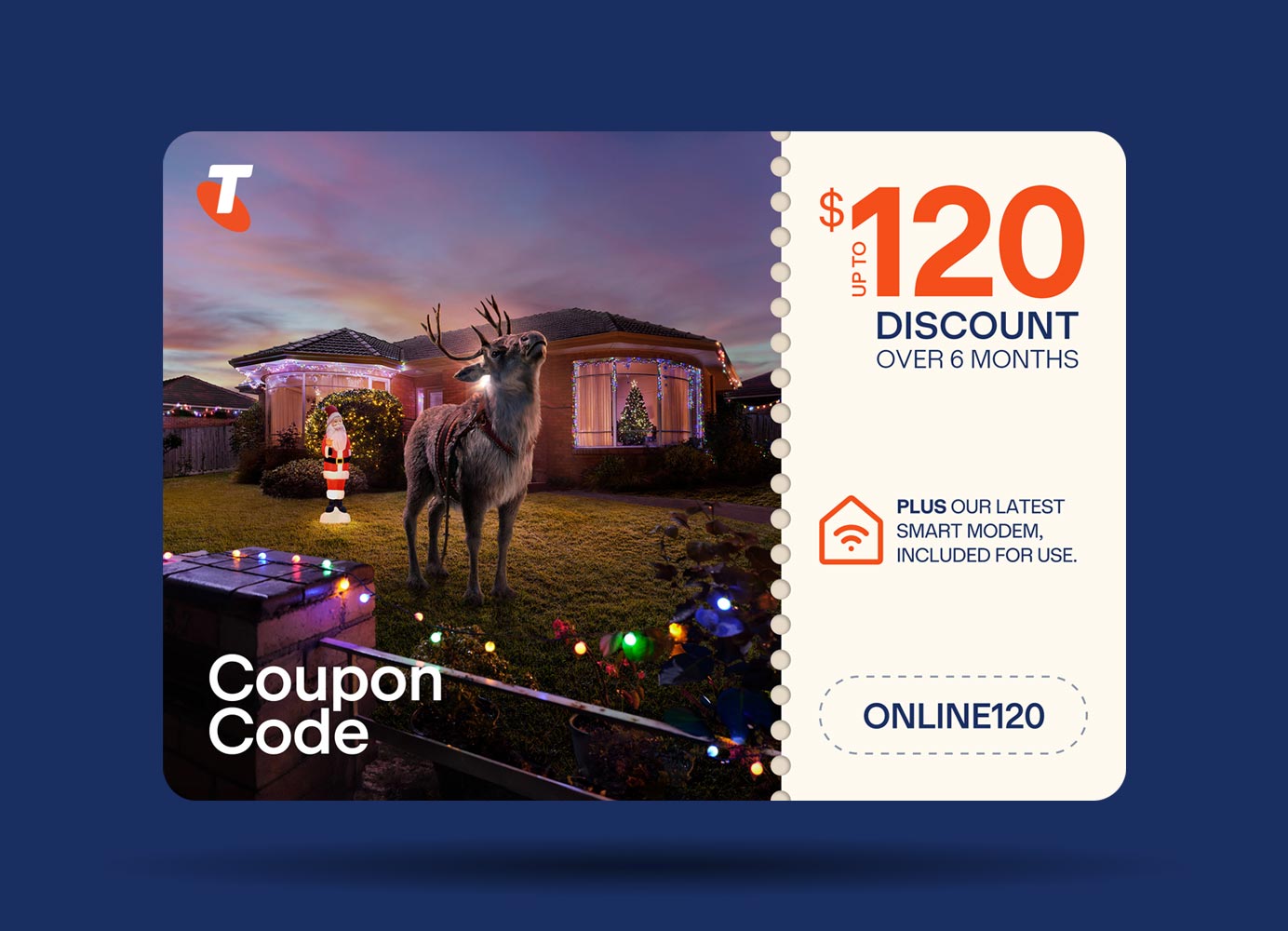 Australian holiday charm: Reindeer, Christmas lights, and blow-up Santa in a front garden at night. Save up to $120 over six months with coupon code 'ONLINE120.'  Includes smart modem. The image captures the perfect blend of Christmas spirit and an enticing discount offer.