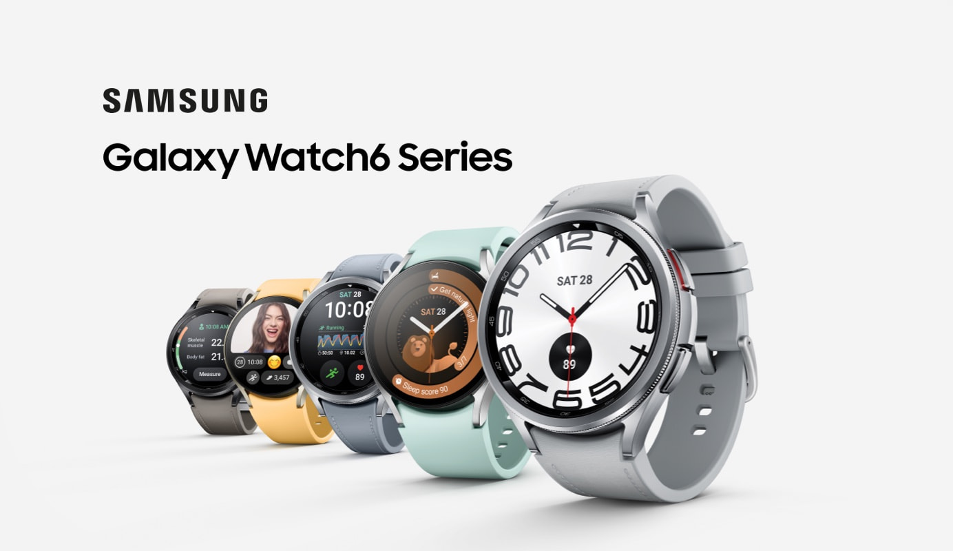 Five Galaxy Watch6 watches with bands in various colours. The face of each watch demonstrates features such as digital time display, body composition measurement, running analysis and heart rate, home display and sleep coaching.