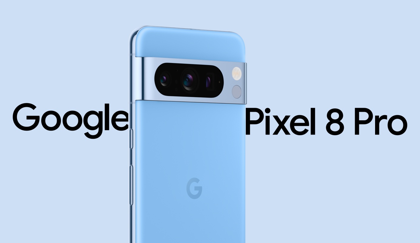 Rear view, three-quarter angle of the top half of a Google Pixel 8 Pro. Text on image: Google Pixel 8 Pro.