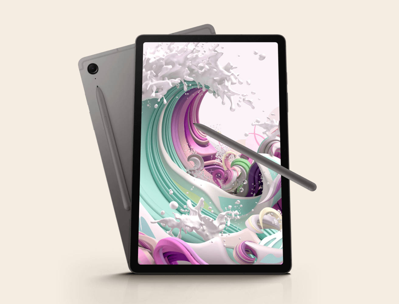 Full-length front view and partial rear view of the Samsung Galaxy Tab S9 FE, with a floating S Pen angled towards a graphic of a wave on its screen.