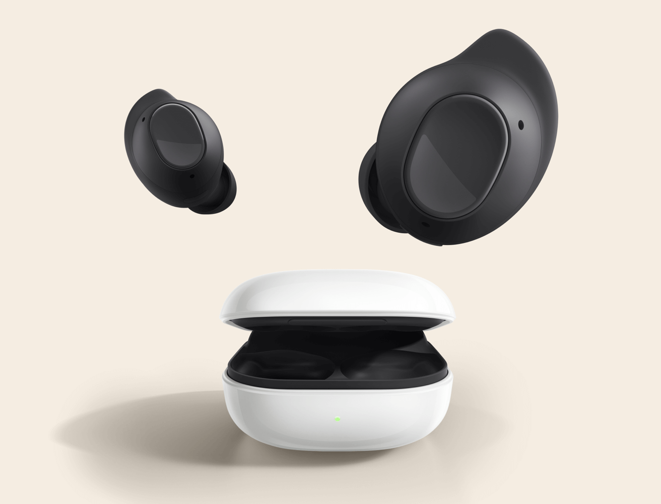 Front view of Samsung Galaxy Buds FE. Case is depicted slightly open with left and right ear buds suspended in air above.
