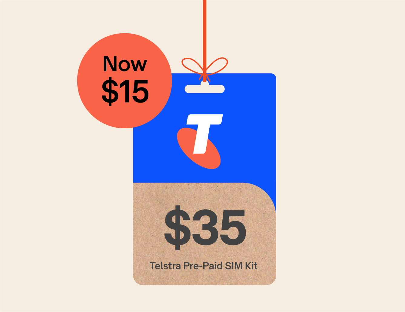 Graphic representation of a $35 Telstra Pre-Paid SIM and eSIM. Text on image: Now $15. 