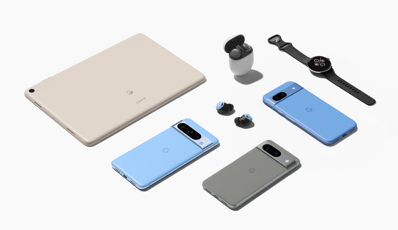 A selection of the latest Google devices including a Pixel Tablet, three Pixel phones, a Pixel Watch 2, two pairs of Pixel Buds Pro and a Pixel Buds charging case.