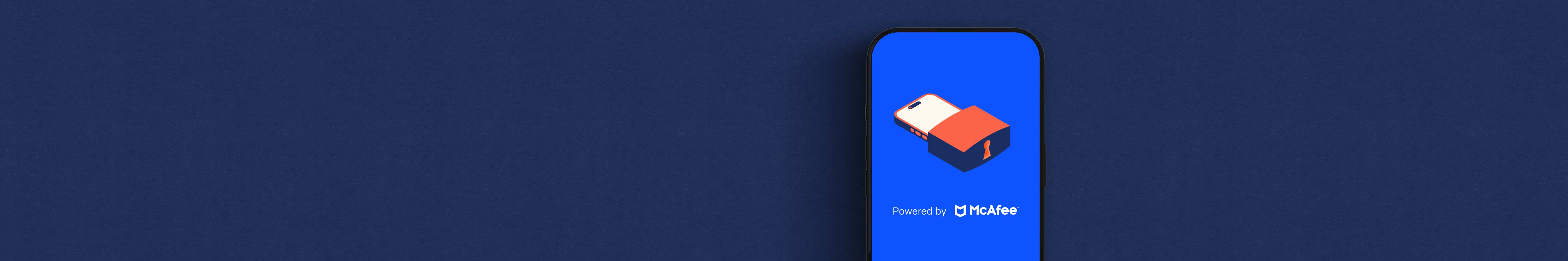 Smartphone with a padlock graphic overlay, symbolising mobile device security. Text reads 'Powered by McAfee™' on a blue background.
