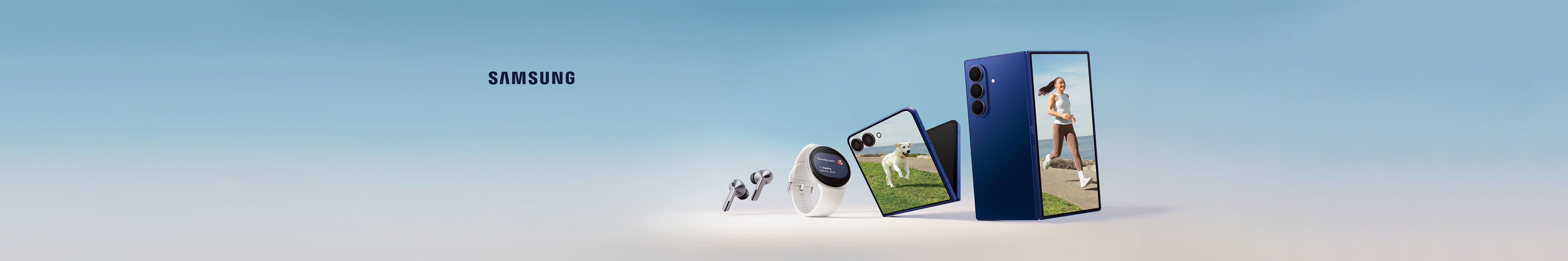 The left side of the image shows the Samsung logo. On the right side of the image are four Galaxy products in a row starting with Galaxy Buds Pro, a Galaxy Watch 8 displaying a running app, a Galaxy Z Flip7 showing a dog running and a Galaxy Z Fold7 showing a person jogging. The background is a gradient blue sky.