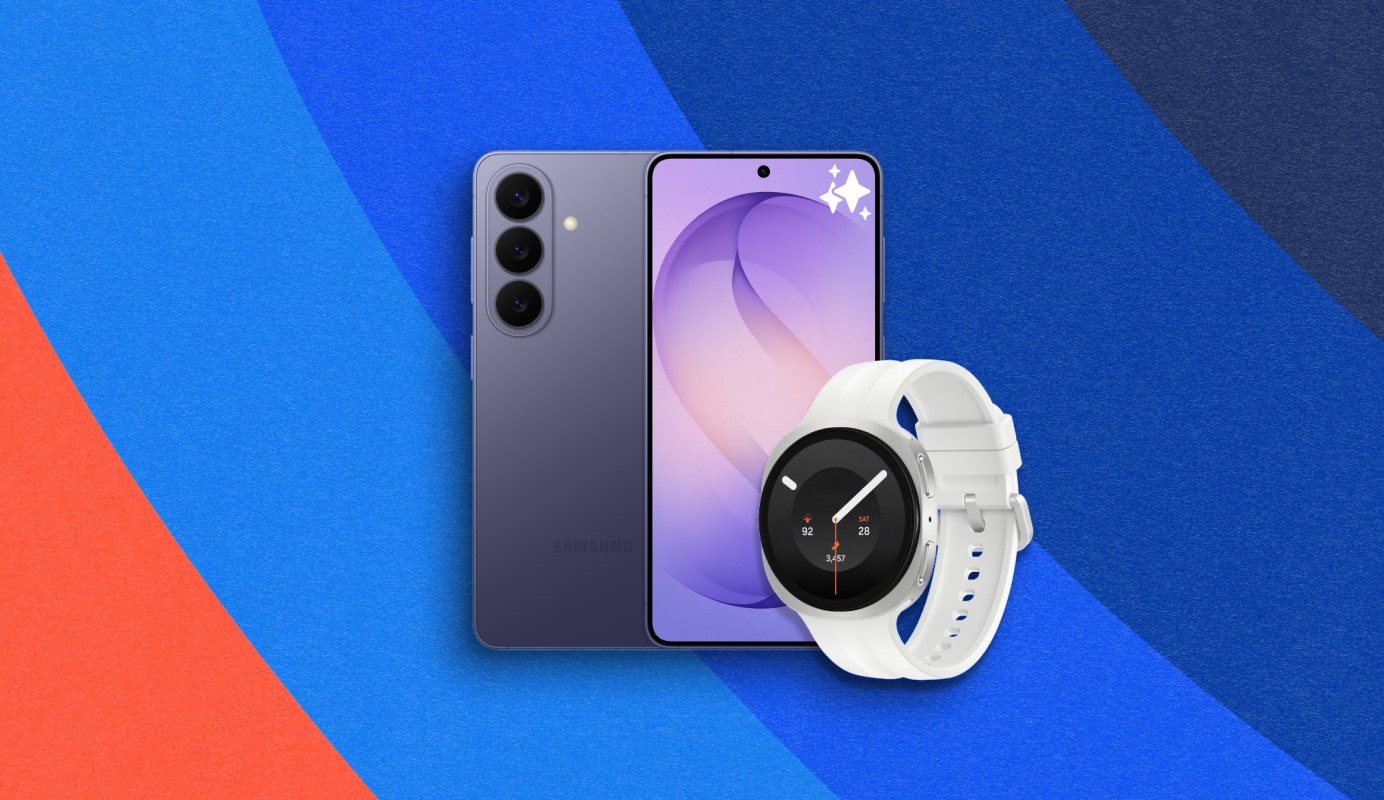 Image showing the front and rear view of a Galaxy S26 and a graphite Galaxy Watch9 44mm 
