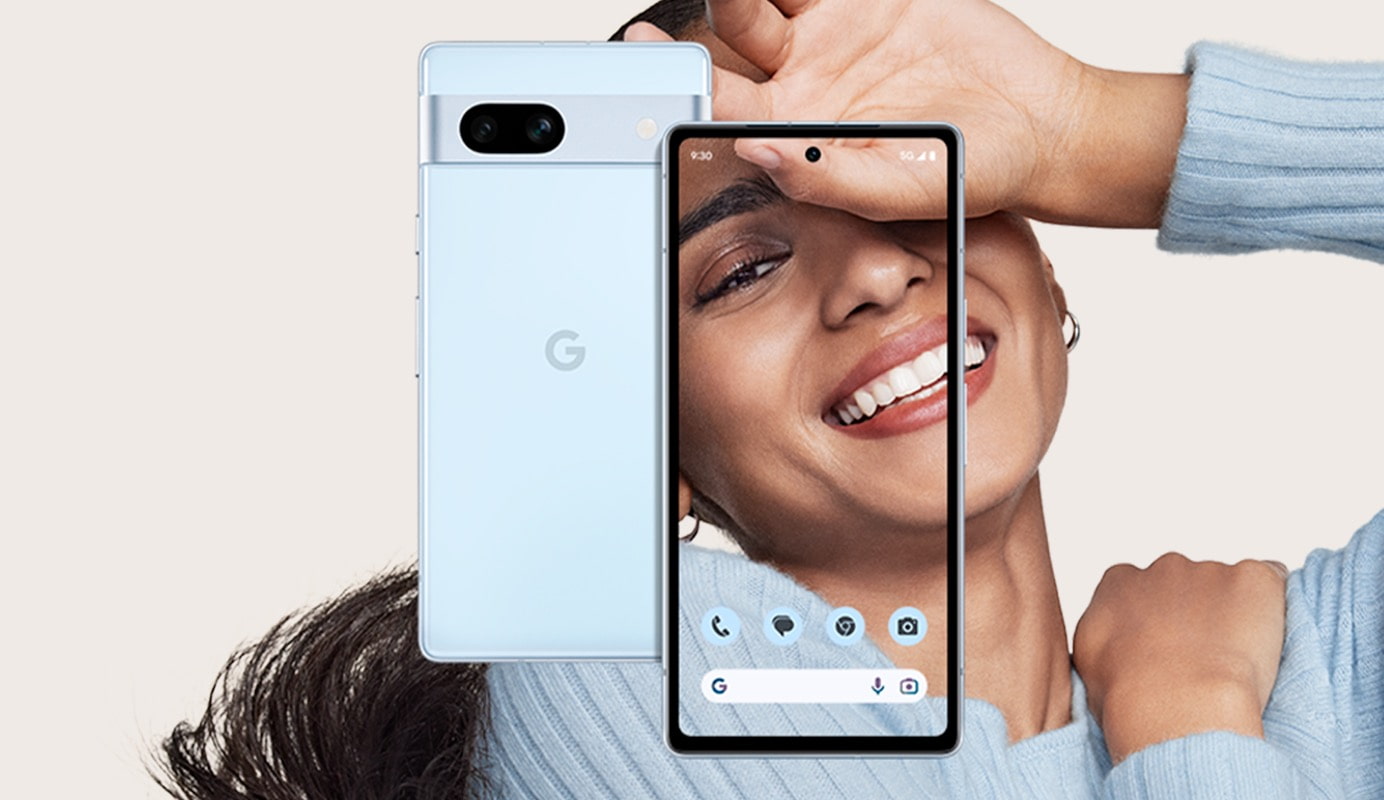 Google Pixel 7a showing rear view, and front view demonstrating true-to-life camera features.