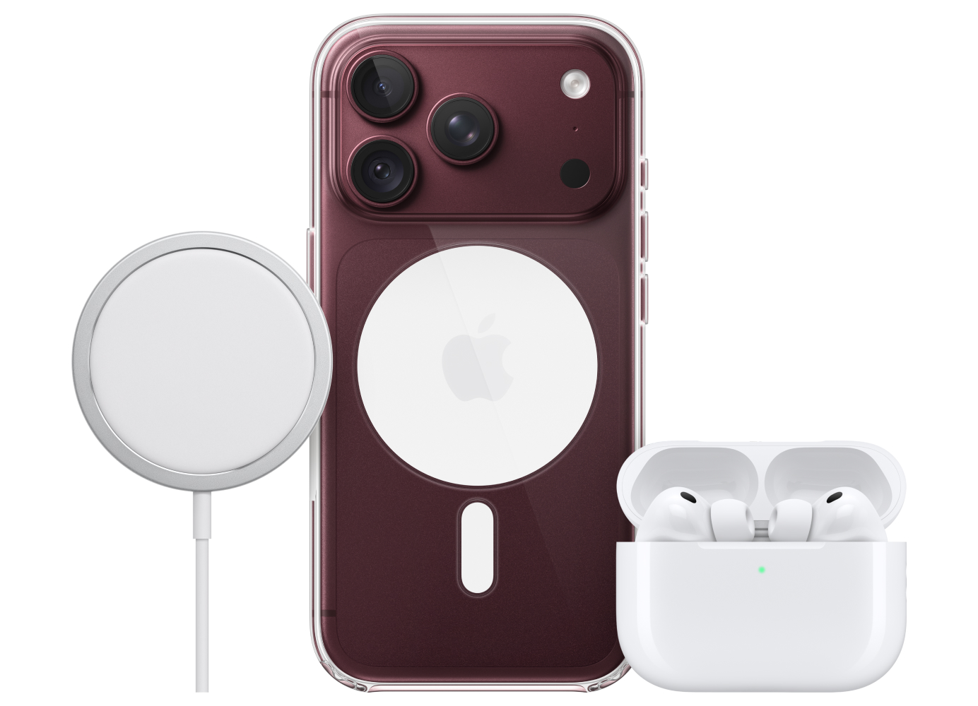 Apple iPhone 18 Pro  shown with a MagSafe wireless charger and a white AirPods Pro 5