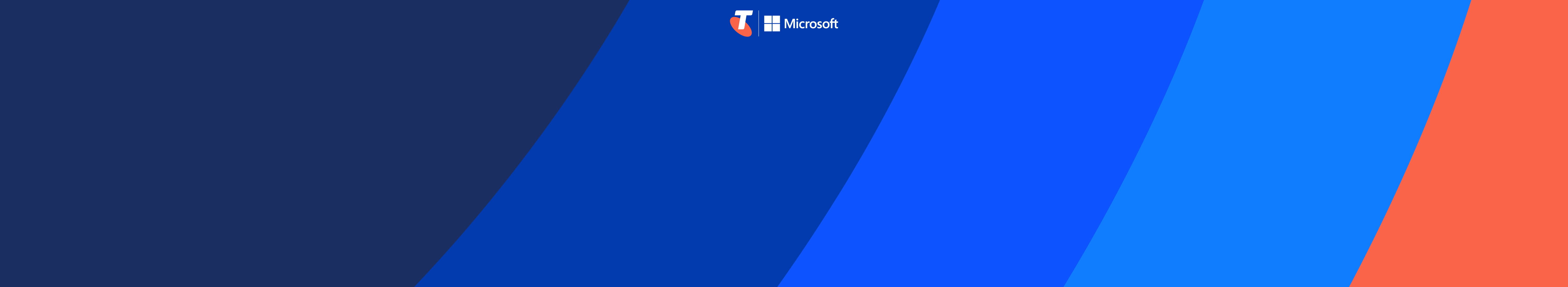 Telstra and Microsoft logos centred near the top of an abstract banner featuring curved blue shapes transitioning to orange.