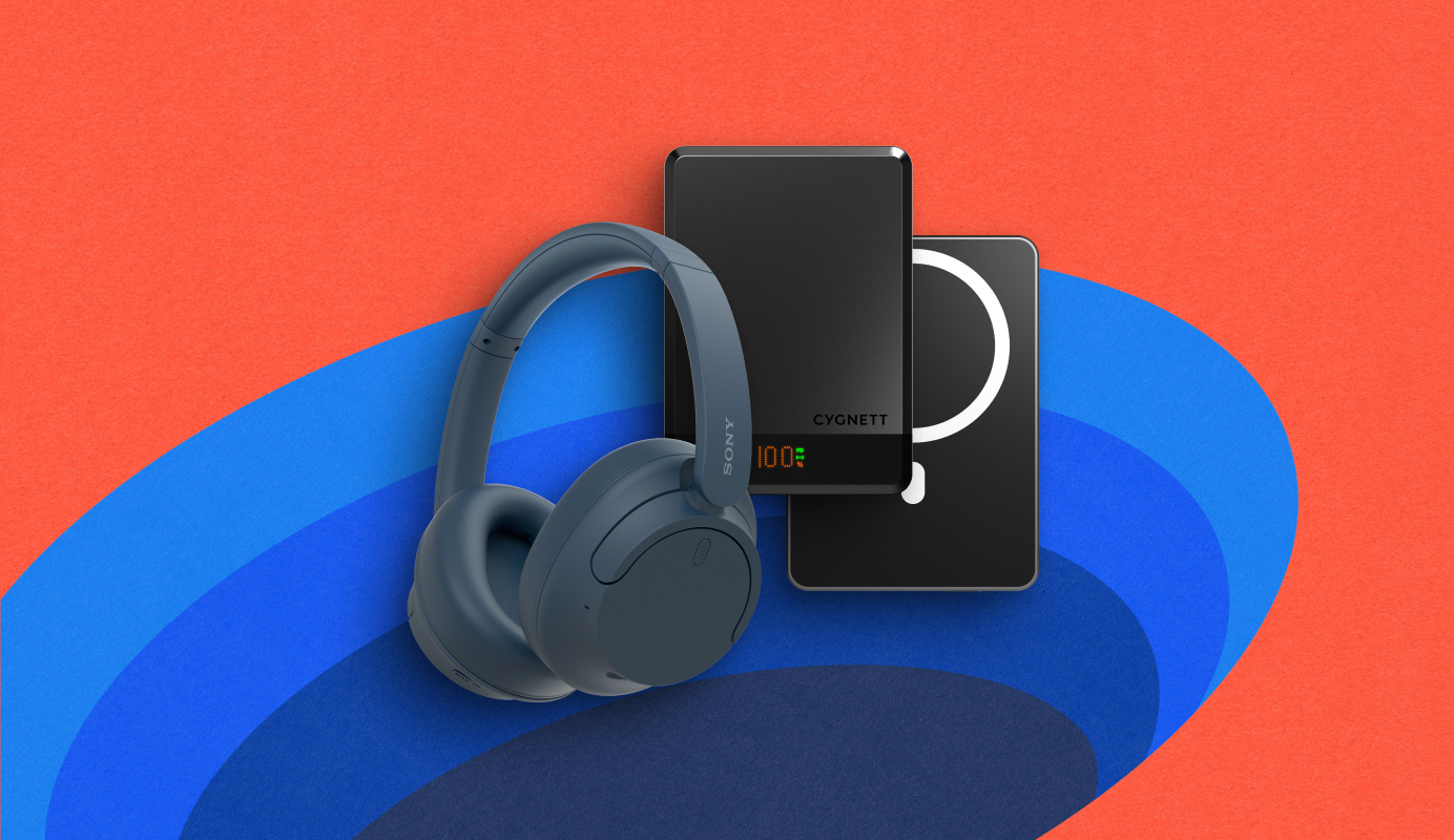 Image showing two accessories. Blue Sony WH-CH720N Wireless Noise Cancelling Headphones and black Cygnett MagSlim 10k Powerbank
