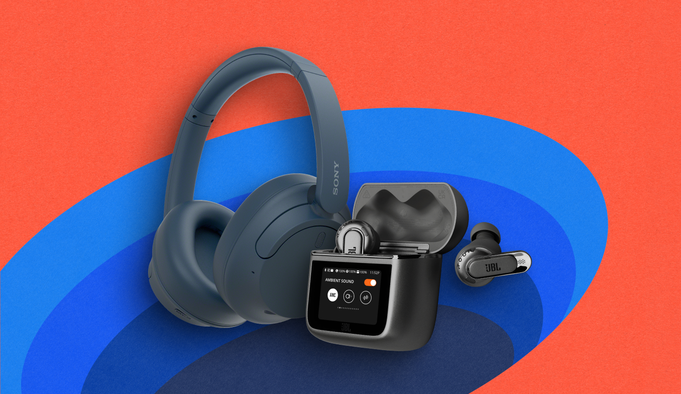 Image showing two audio accessories. Blue Sony WH-CH720N Wireless Noise Cancelling Headphones and black JBL Tour Pro 3 Hi-Res True Wireless Noise Cancelling Earbuds