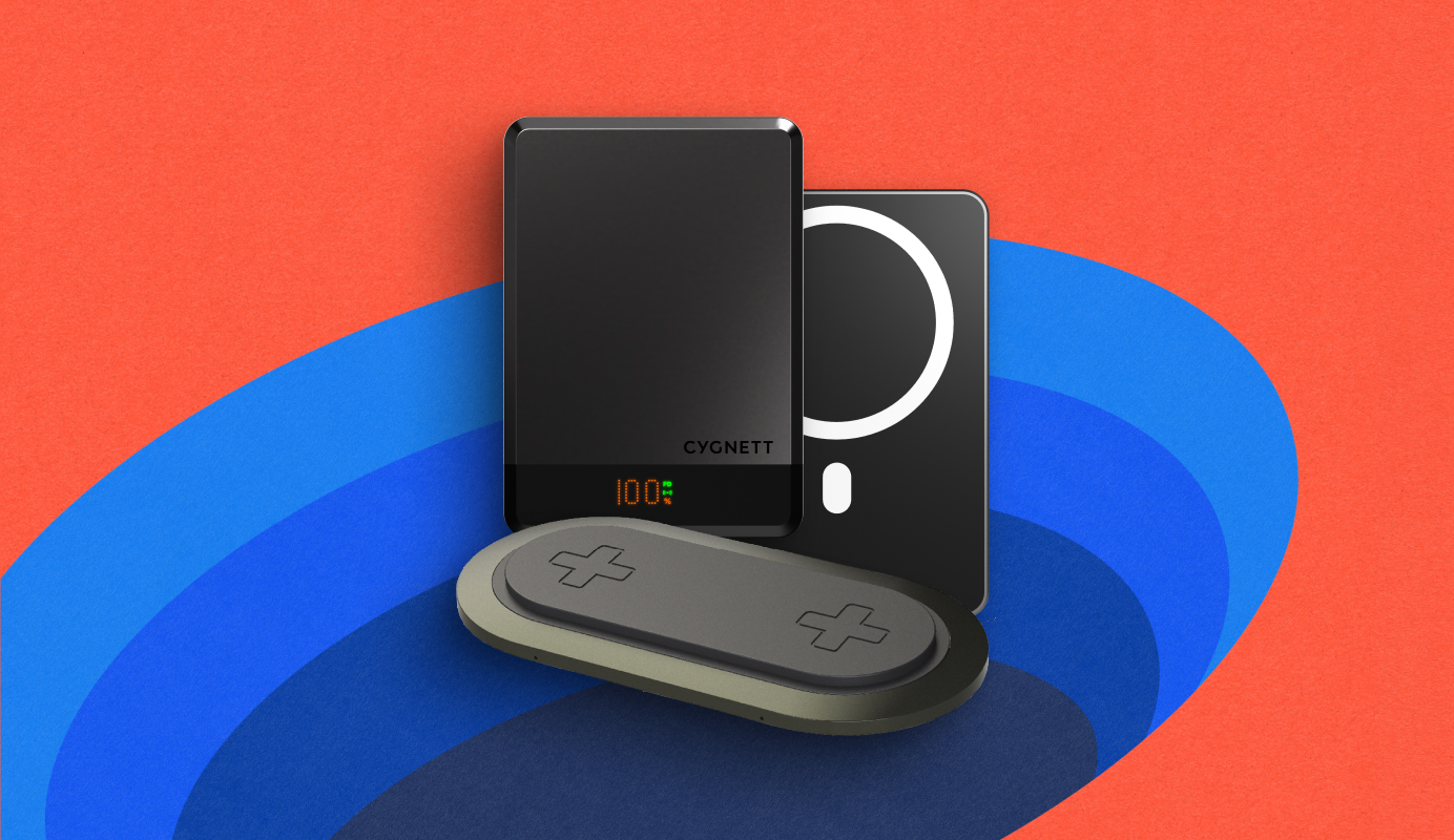 Image showing two charging accessories. Grey Sprout 15W Dual Wireless Charging Pod and black Cygnett MagSlim 10k Powerbank