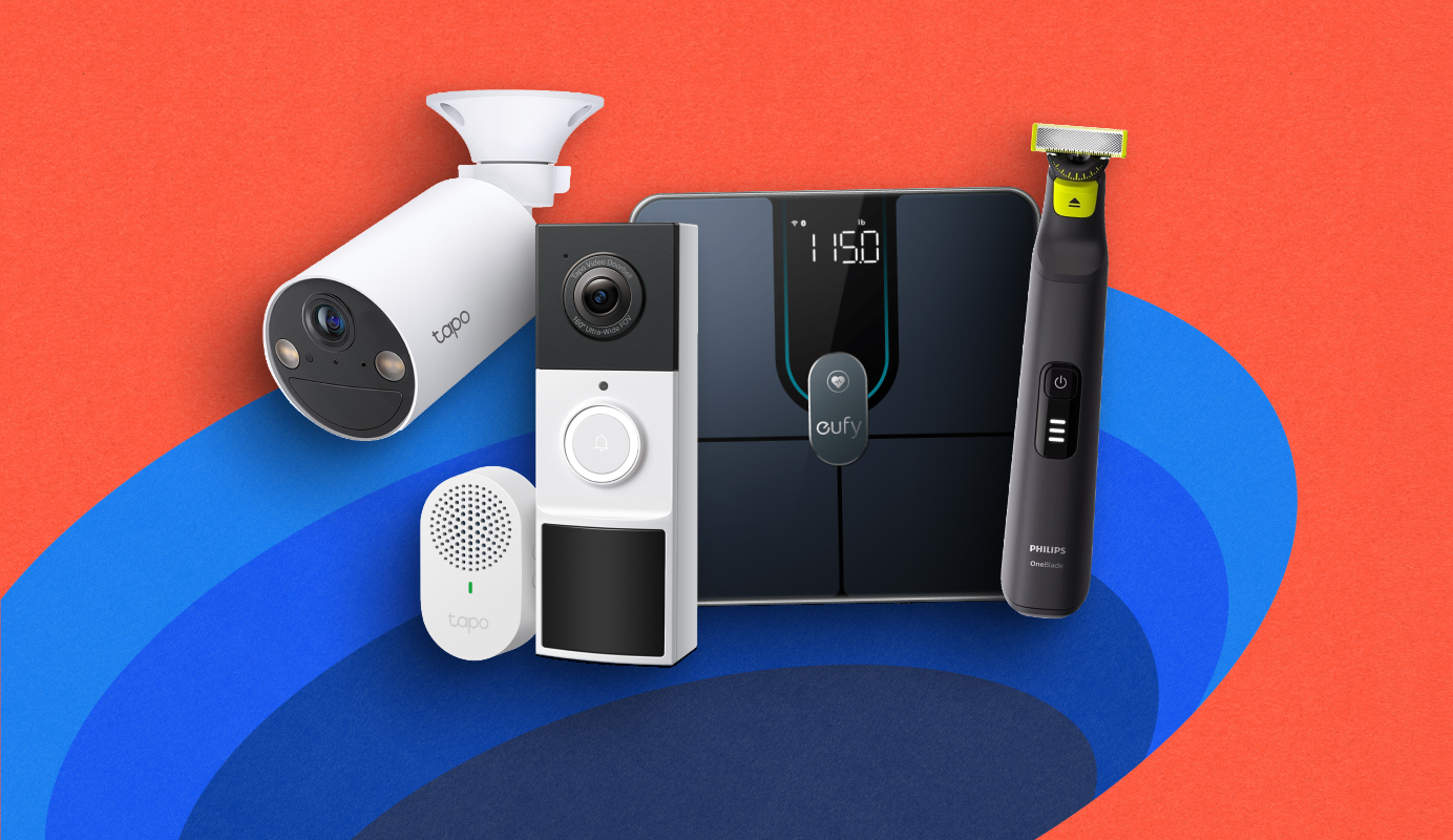 Image showing four accessories. White TP-Link Tapo D210 Video Doorbell Camera, white TP-Link Tapo C410 Smart Wire-Free Security Camera, black Eufy Smart Scale P2 Pro, and black and green Philips OneBlade Pro 360 Face