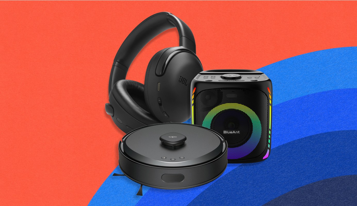 Image showing three accessories. Black JBL Tour One M2 NC Over Ear Headphones, black BlueAnt X4i Bluetooth Party Speaker, and black TP-Link Tapo RV30 Max Plus Robot Vacuum and Mop