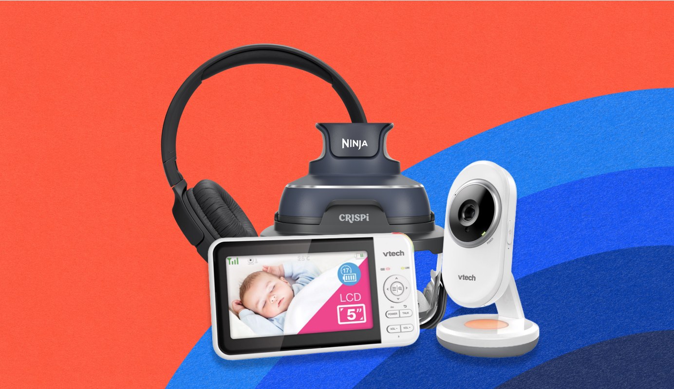 Image showing four accessories. Black JBL Tune 520BT Over Ear Headphones, white VTech BM5250N Full Colour Video and Audio Baby Monitor, and grey Ninja Crispi 4-in-1 Portable Glass Air Fryer. 