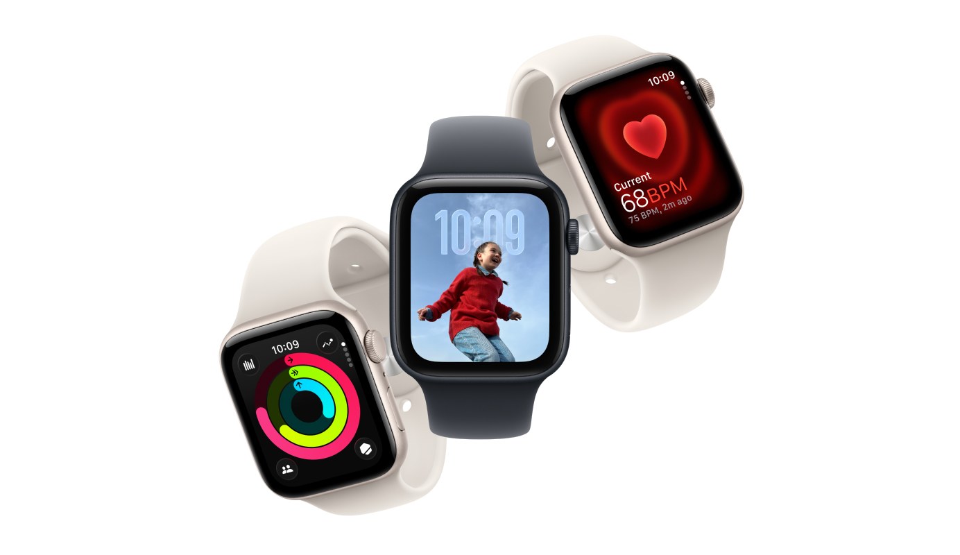 Image showing Apple Watch SE 3 40mm in colours midnight grey and moonlight white. 
