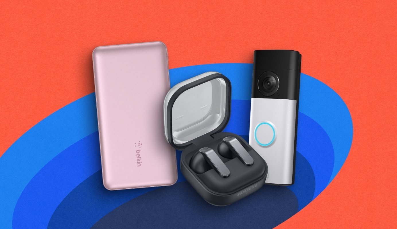 Images of the Belkin BoostCharge 10K in Pink, Samsung Galaxy Buds4 in Black and the Ring Battery Video Doorbell Plus 2nd Gen with Chime. 