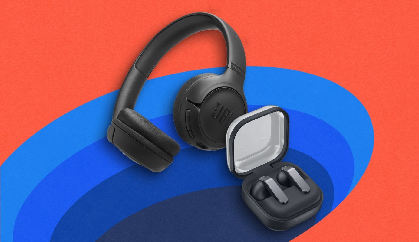 Images of the JBL Tune 530BT Wireless On Ear in Black and the Samsung Galaxy Buds4 in Black. 