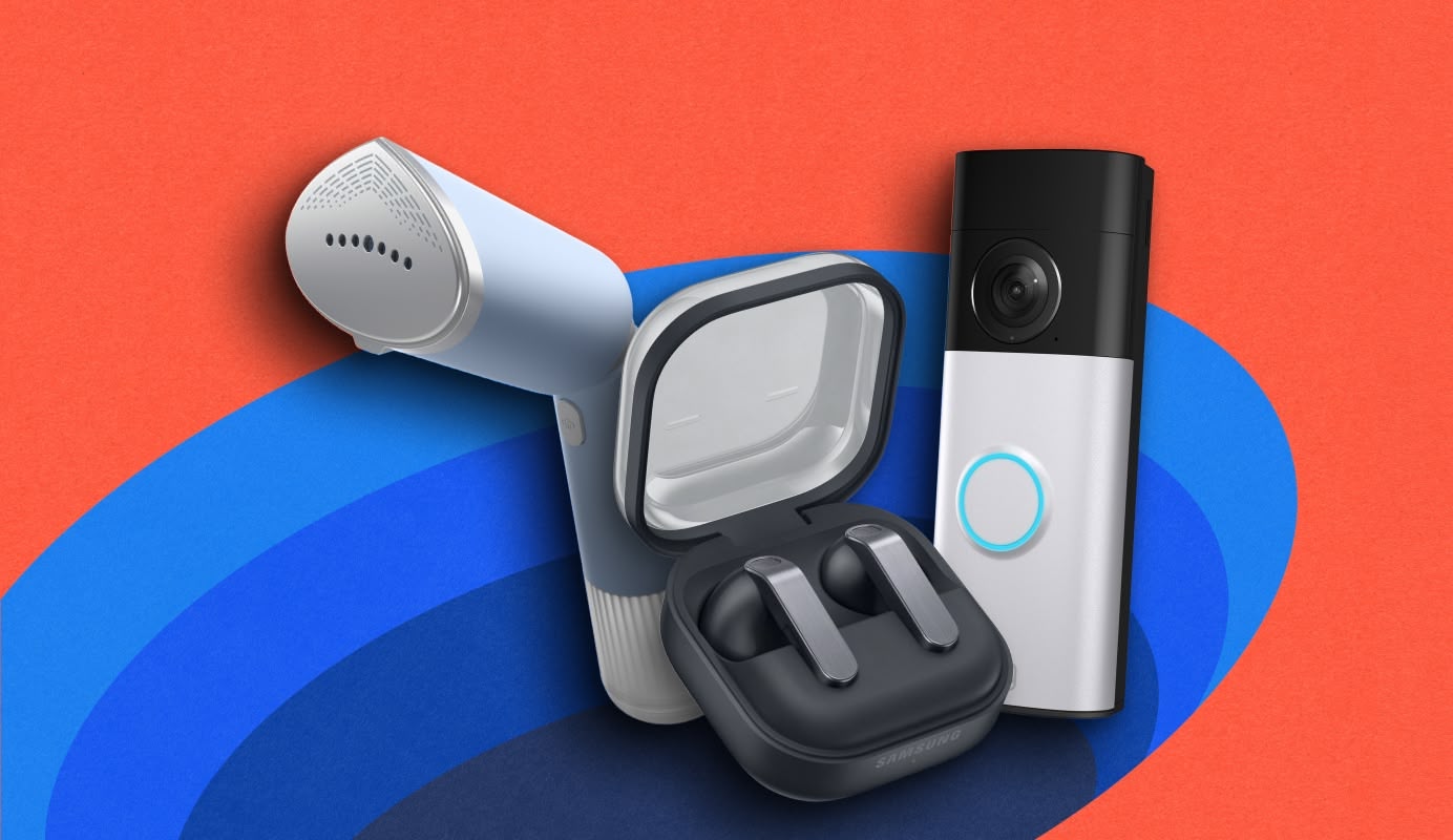 Images of the Philips 5000 Series Garment Steamer in Blue, Samsung Galaxy Buds4 in Black and the Ring Battery Video Doorbell Plus 2nd Gen with Chime. 