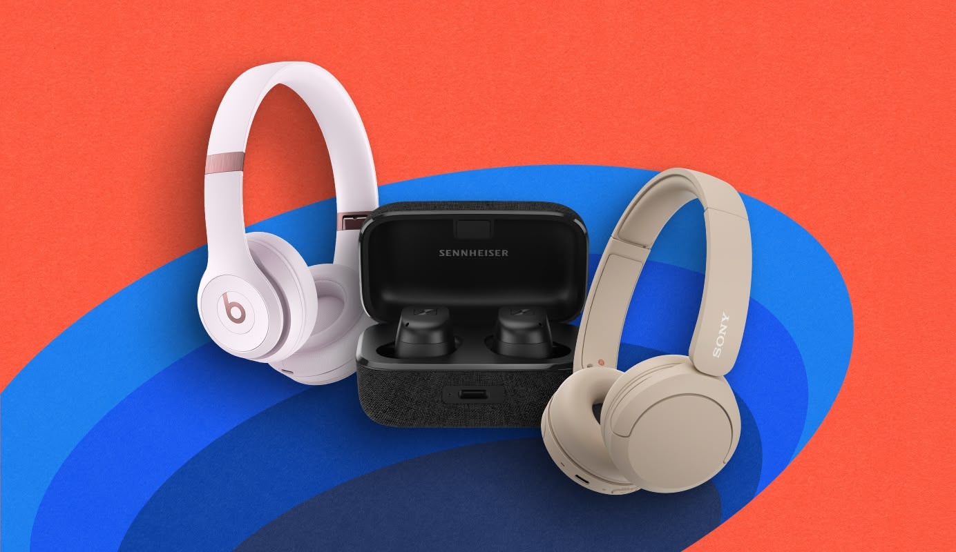 Image showing Beats Solo Headphones in Pink, Sennheiser Momentum True Wireless Buds in Black and Sony WH-CH520 Headphones in Black. 